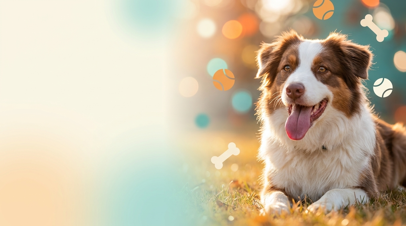 Hazel, an Australian Shepherd, lying in golden afternoon sun surrounded by bokeh and floating bones and tennis balls.